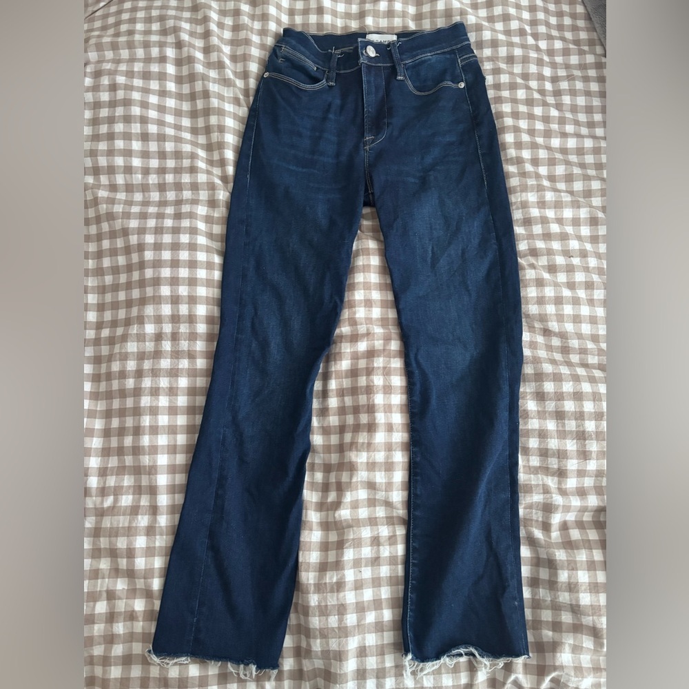 Frame‎ | Le High Straight in dark wash with raw hem.